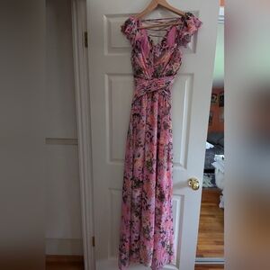 Backless, long, pink floral dress, M size